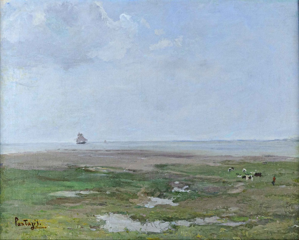 Pericles Pantazis Meadow By The Sea Oil On Canvas