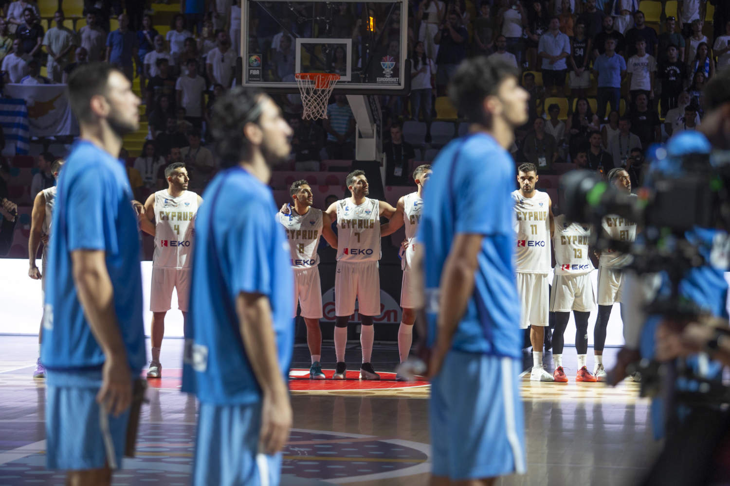 Greek And Cypriot National Teams Sing Their National Anthem During Eurobasket Group Stage In Limassol. August 30.